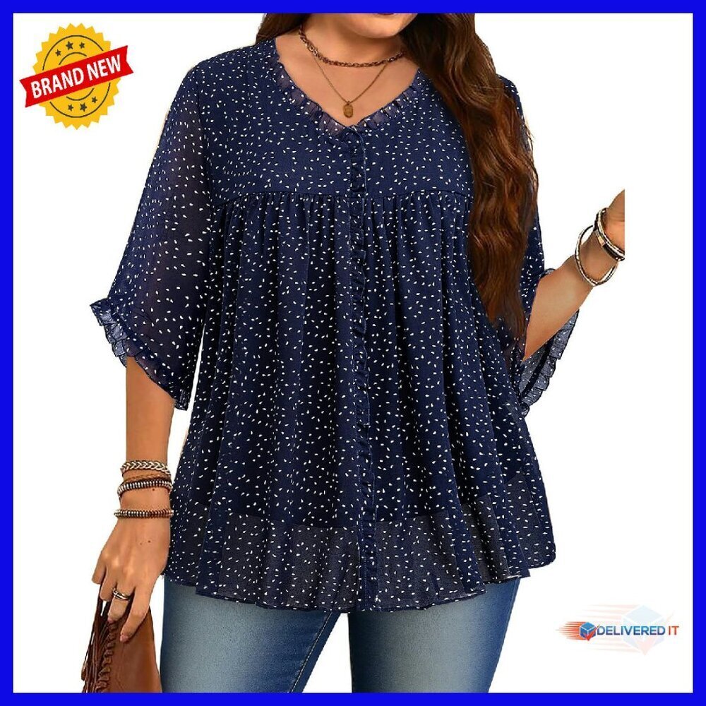 Plus Size Chiffon Blouse 3/4 Sleeve V Neck Loose Fit Boho Tunic